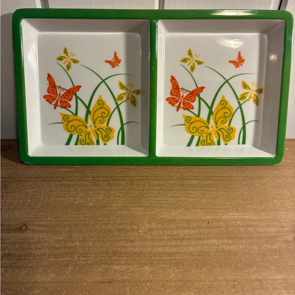 Vintage Butterfly Double Dish Tray - White, Green, Yellow, Orange
